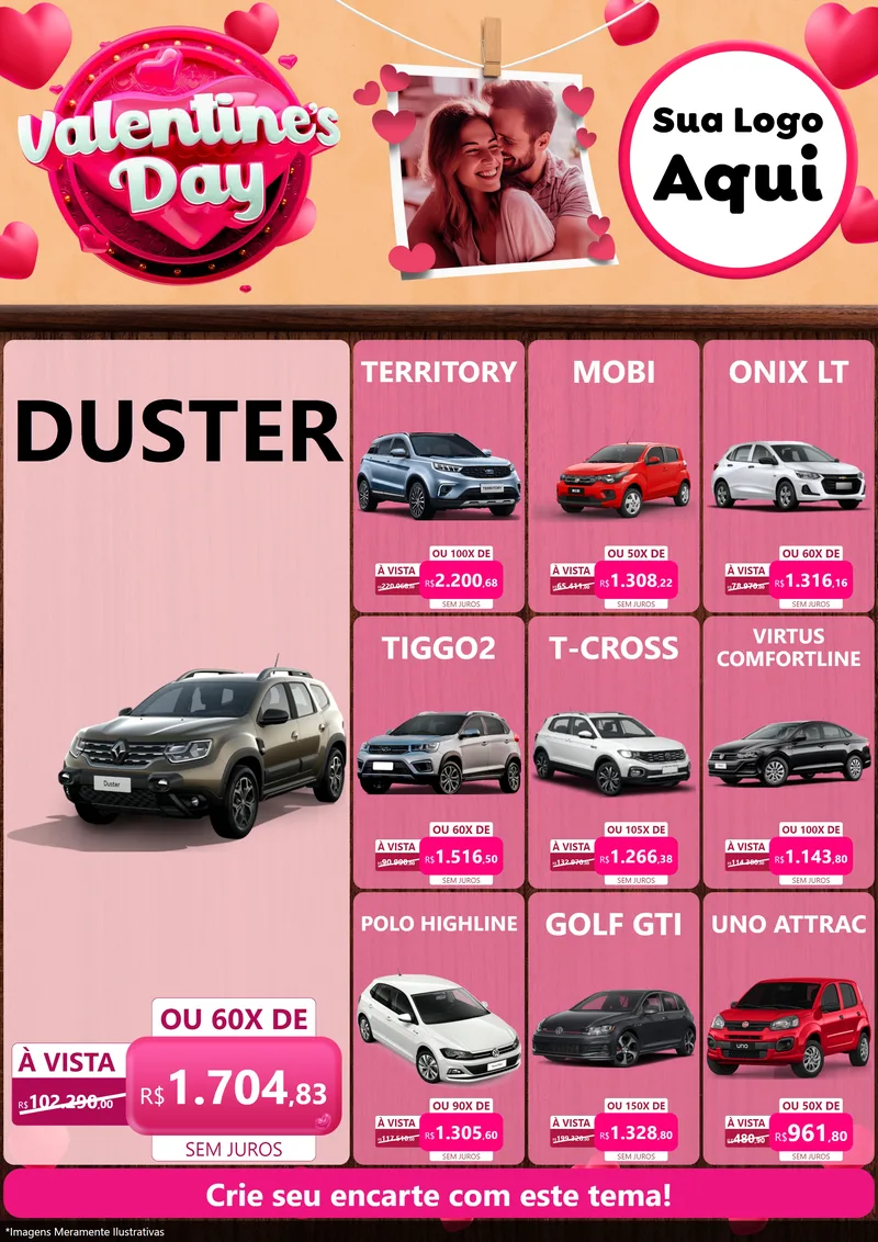 Modelo de Encarte para Encarte A4 Vertical com o tema Valentine's Day para Concessionaria de Carros
