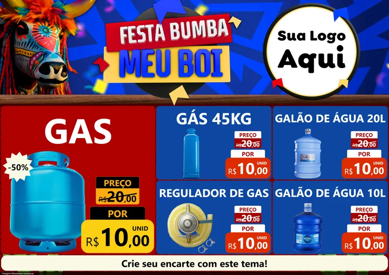 Modelo de Encarte para Encarte A4 Horizontal com o tema Festa Bumba meu Boi para Água e gás