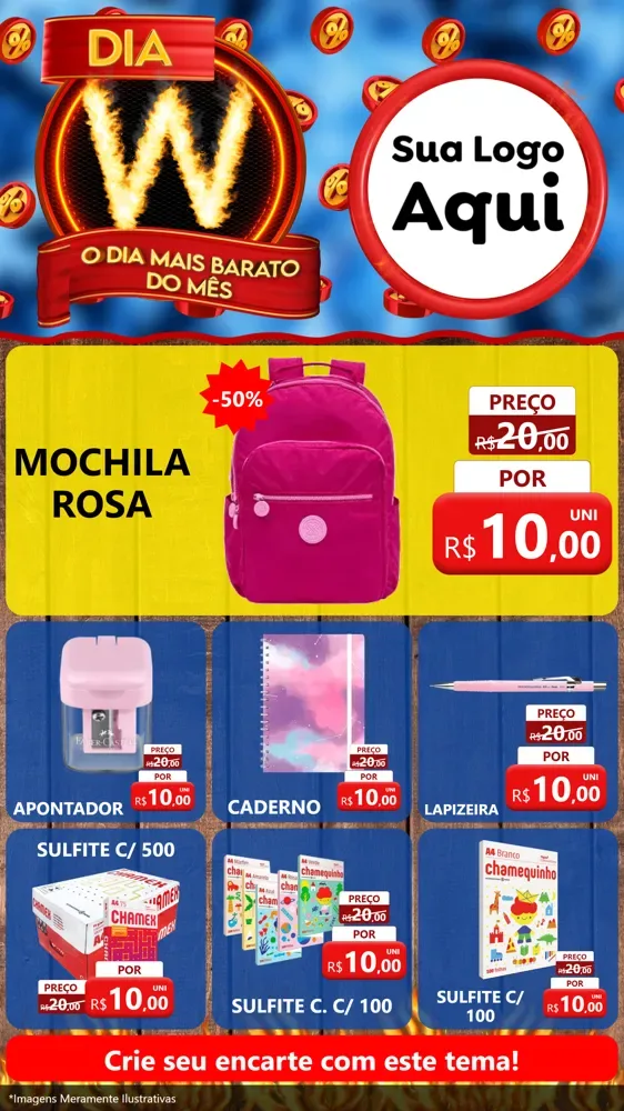 Modelo de Rede Social para Stories com o tema Dia W - O Dia Mais Barato Do Mês para Papelaria