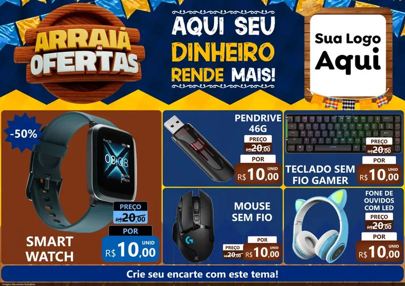 Modelo de Encarte para Encarte A4 Horizontal com o tema Arraiá de Ofertas - Junina para Informática