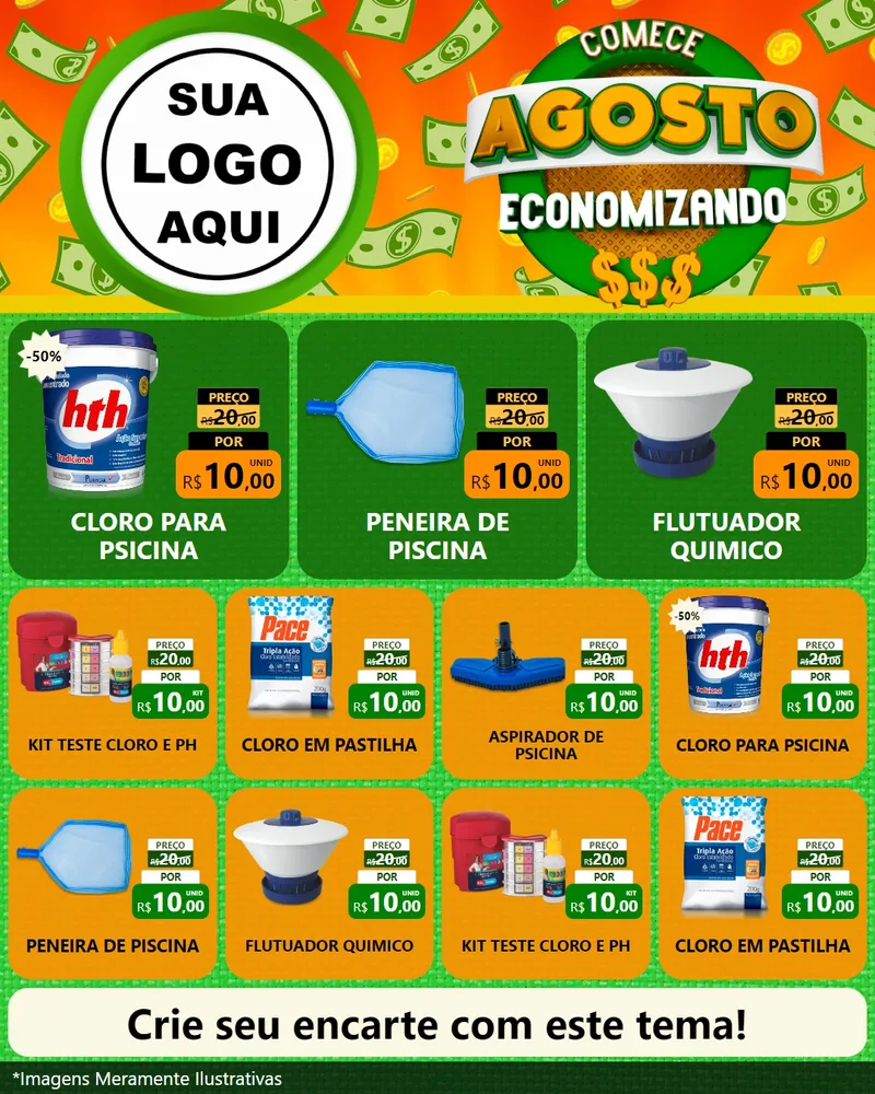 Modelo de Rede Social para Feed Instagram com o tema Comece Agosto Economizando para Produtos para Piscina