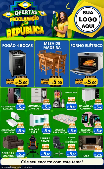 Modelo de Encarte para Encarte Grande com o tema Ofertas Proclamação da República para Móveis e Eletro