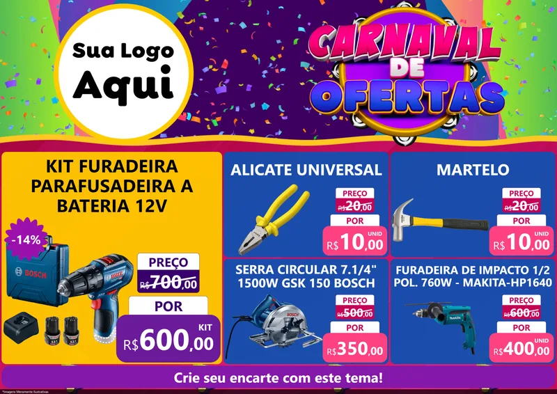 Modelo de Encarte para Encarte A4 Horizontal com o tema Carnaval de Ofertas para Maquinas e Ferramentas