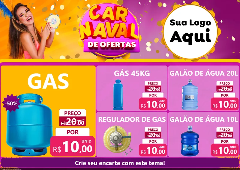 Modelo de Encarte para Encarte A4 Horizontal com o tema Carnaval de Ofertas para Água e gás