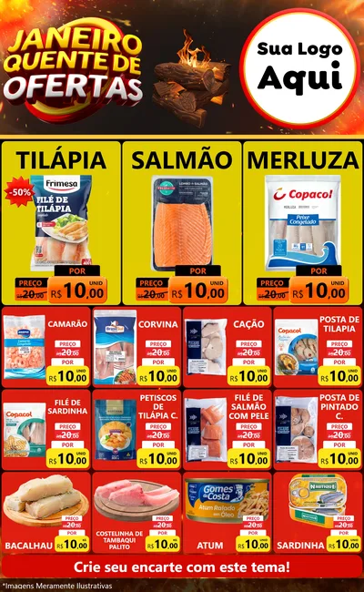 Modelo de Encarte para Encarte Grande com o tema Janeiro Quente de Ofertas para Peixaria