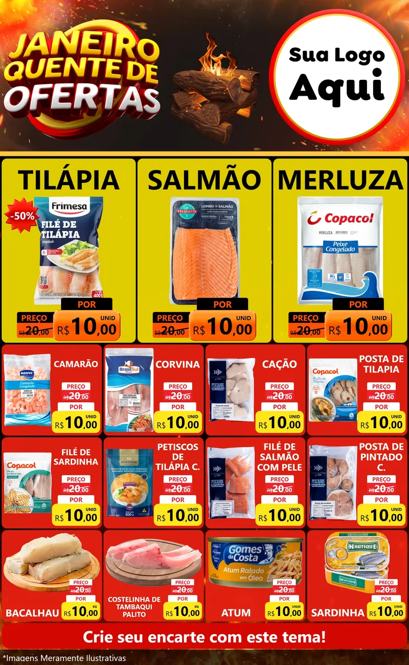 Modelo de Encarte para Encarte Grande com o tema Janeiro Quente de Ofertas para Peixaria