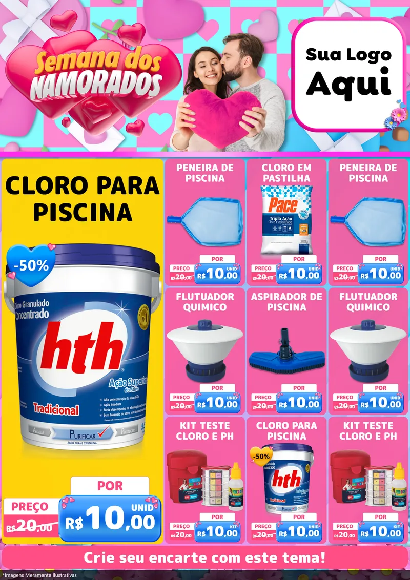 Modelo de Encarte para Encarte A4 Vertical com o tema Semana dos Namorados para Produtos para Piscina