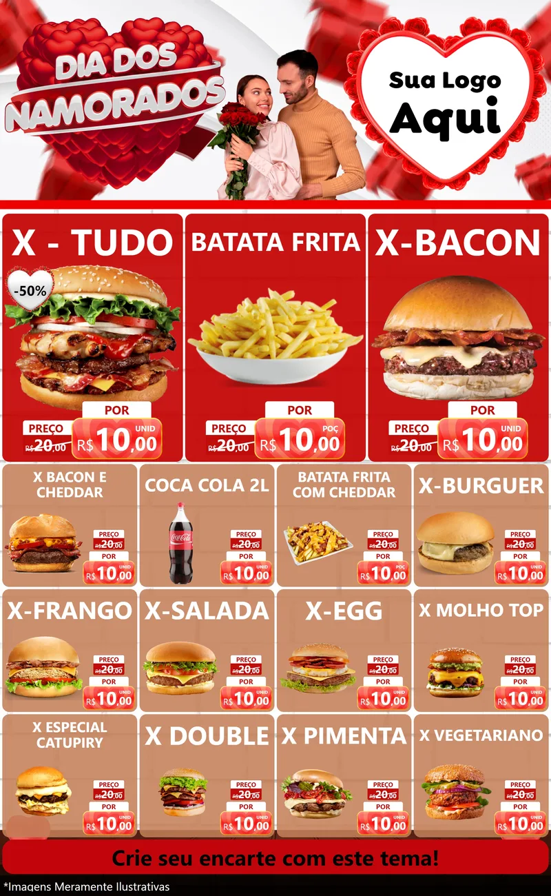 Modelo de Encarte para Encarte Grande com o tema Dia dos Namorados para Hamburgueria