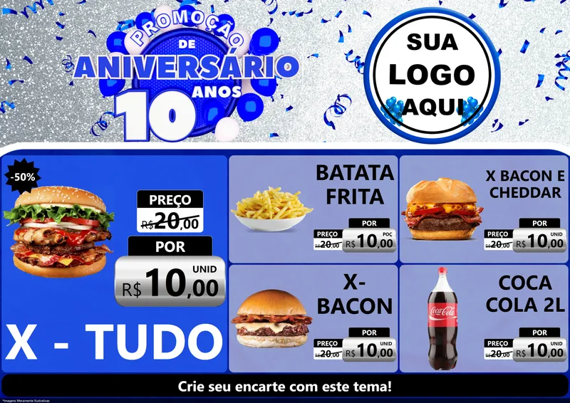 Modelo de Encarte para Encarte A4 Horizontal com o tema Promoção de Aniversário - 10 Anos para Hamburgueria