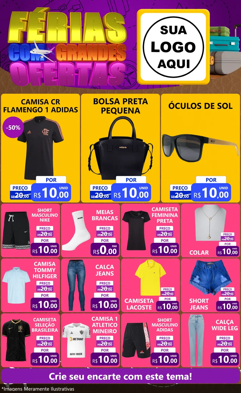 Modelo de Encarte para Encarte Grande com o tema Férias com Grandes Ofertas para Roupas e acessórios