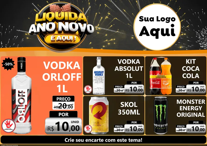 Modelo de Encarte para Encarte A4 Horizontal com o tema Liquida Ano Novo É Aqui! para Distribuidora de bebidas