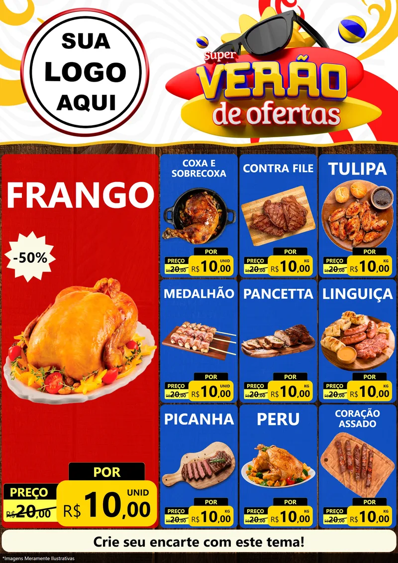 Modelo de Encarte para Encarte A4 Vertical com o tema Super Verão de Ofertas para Assados