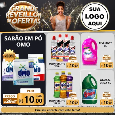 Modelo de Rede Social para Feed Facebook com o tema Grande Réveillon de Ofertas para Produtos de Limpeza