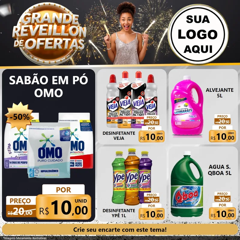 Modelo de Rede Social para Feed Facebook com o tema Grande Réveillon de Ofertas para Produtos de Limpeza