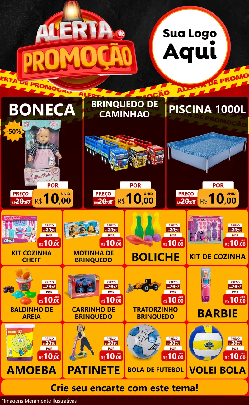 Modelo de Encarte para Encarte Grande com o tema Alerta de Promoção para Brinquedos