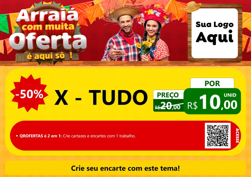 Modelo de Cartaz para Cartaz A4 Horizontal com o tema Arraiá Com Muita Oferta - É Aqui Sô! para Hamburgueria