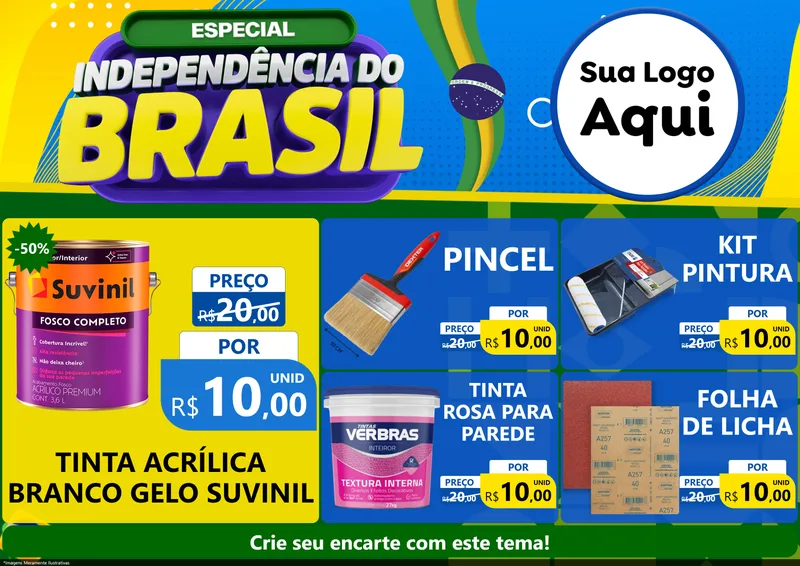 Modelo de Encarte para Encarte A4 Horizontal com o tema Especial Independência do Brasil para Tintas e Ferramentas