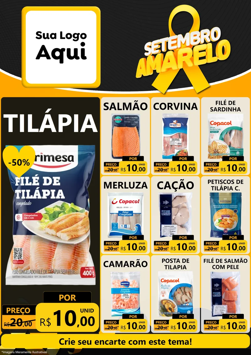 Modelo de Encarte para Encarte A4 Vertical com o tema Setembro Amarelo para Peixaria
