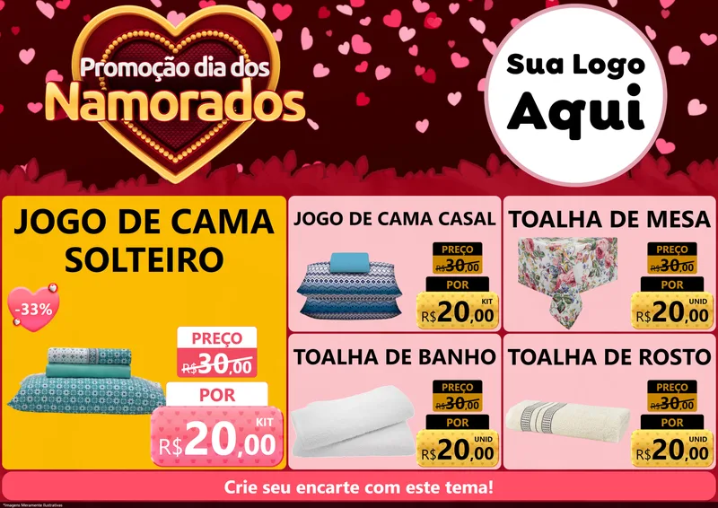 Modelo de Encarte para Encarte A4 Horizontal com o tema Promoção Dia Dos Namorados para Cama, Mesa e Banho