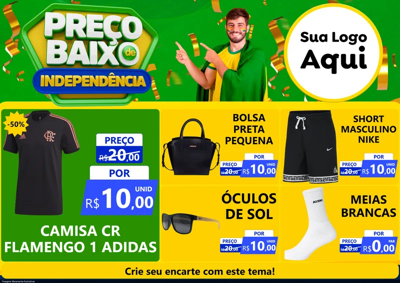 Modelo de Encarte para Encarte A4 Horizontal com o tema Preço Baixo de Independência para Roupas e acessórios