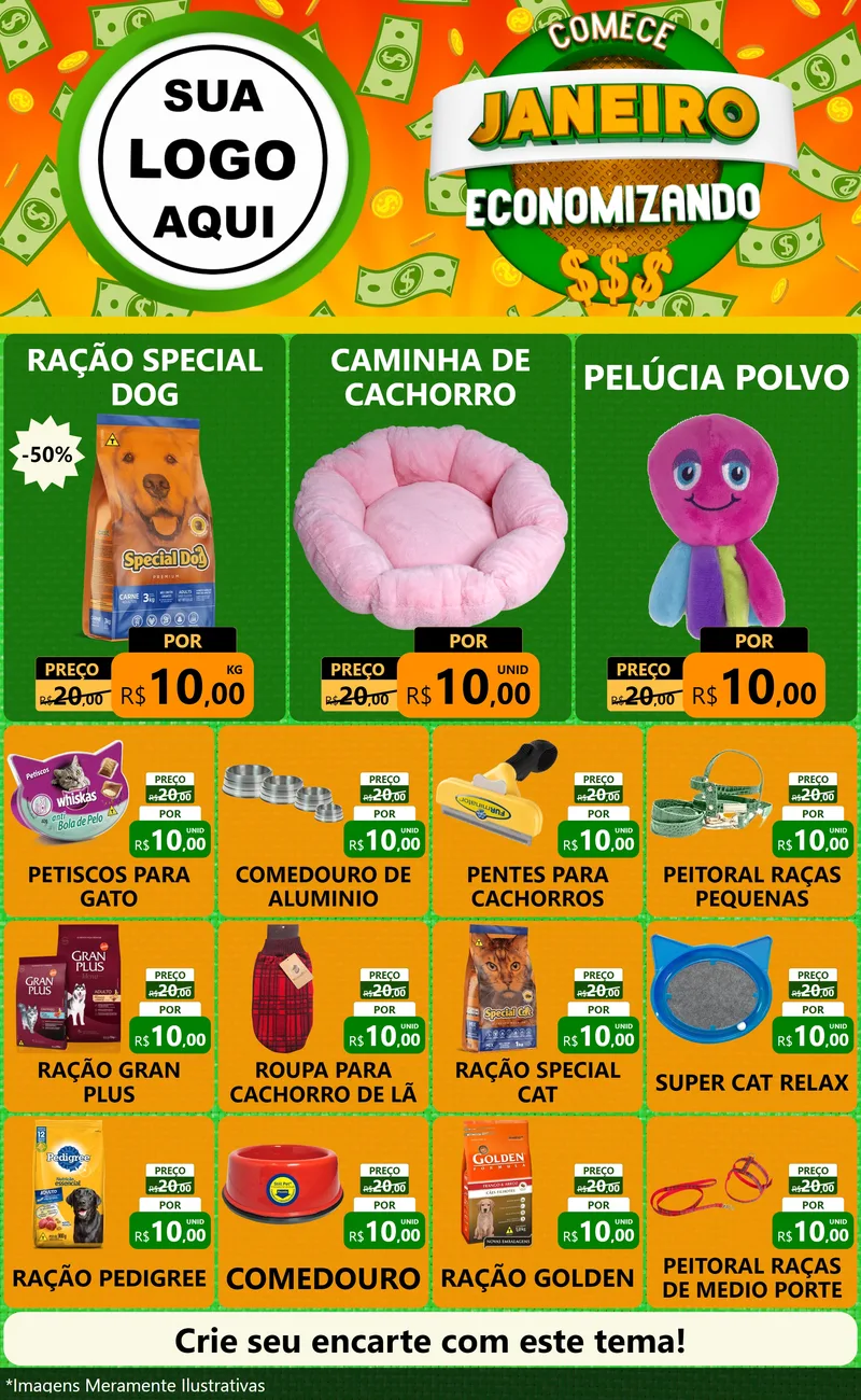 Modelo de Encarte para Encarte Grande com o tema Comece Janeiro Economizando para Pet Shop