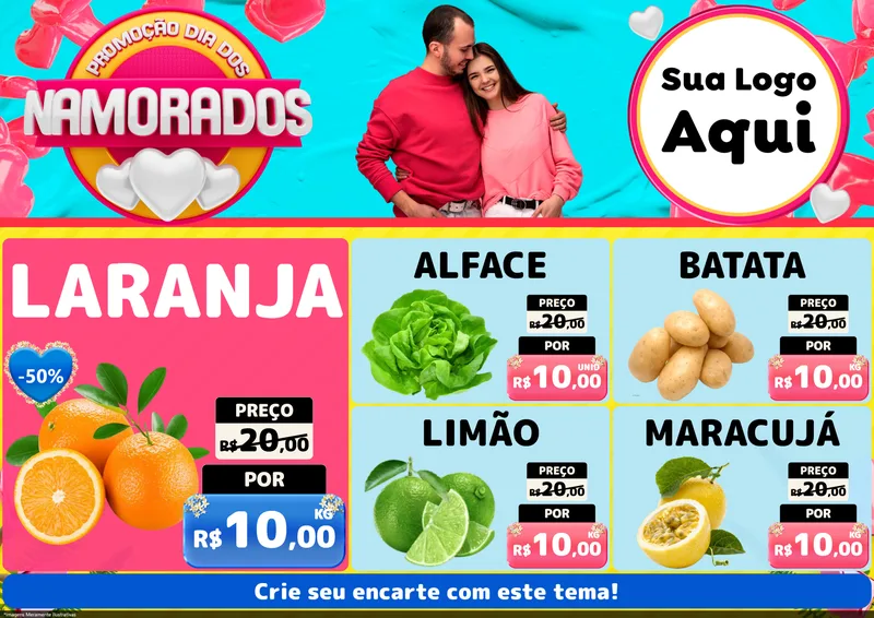 Modelo de Encarte para Encarte A4 Horizontal com o tema Promoção Dia dos Namorados para Hortifrúti