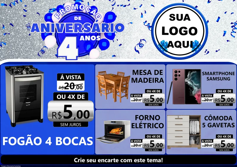Modelo de Encarte para Encarte A4 Horizontal com o tema Promoção de Aniversário - 4 Anos para Móveis e Eletro
