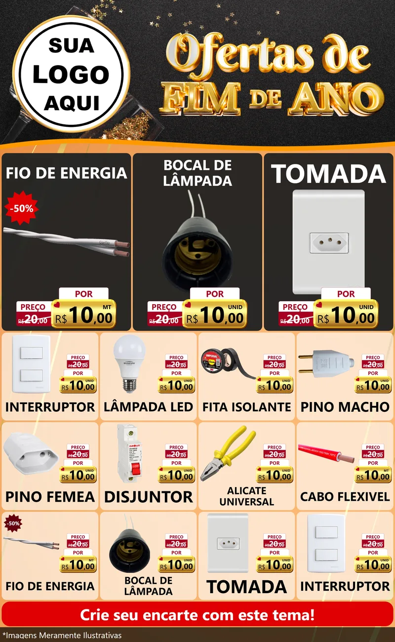 Modelo de Encarte para Encarte Grande com o tema Ofertas de Fim de Ano para Materiais Elétricos
