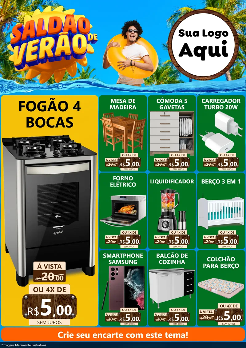 Modelo de Encarte para Encarte A4 Vertical com o tema Saldão de Verão para Móveis e Eletro