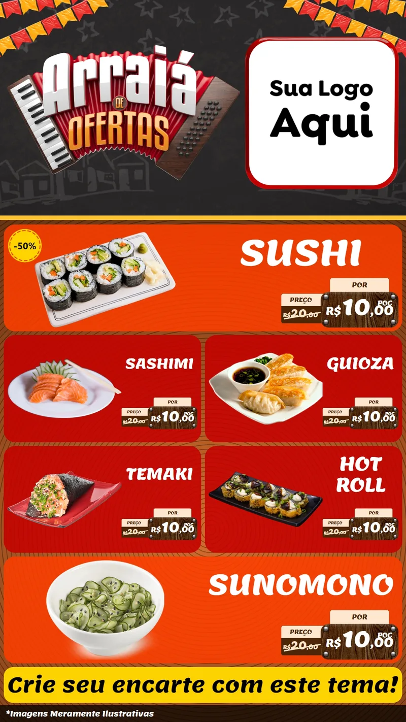Modelo de TV para TV Vertical com o tema Arraiá de Ofertas - Junina para Comida japonesa