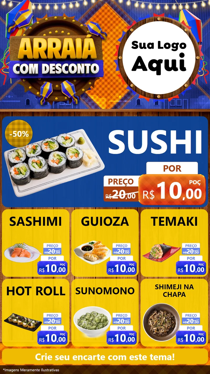 Modelo de Rede Social para Stories com o tema Arraiá Com Desconto para Comida japonesa