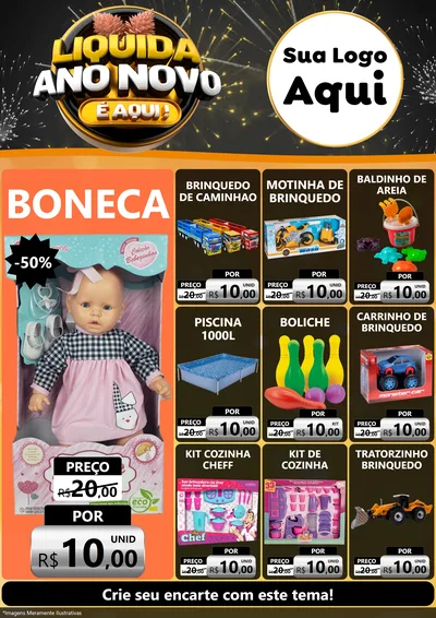 Modelo de Encarte para Encarte A4 Vertical com o tema Liquida Ano Novo É Aqui! para Brinquedos