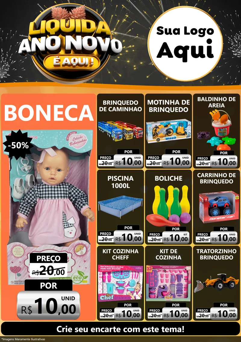 Modelo de Encarte para Encarte A4 Vertical com o tema Liquida Ano Novo É Aqui! para Brinquedos