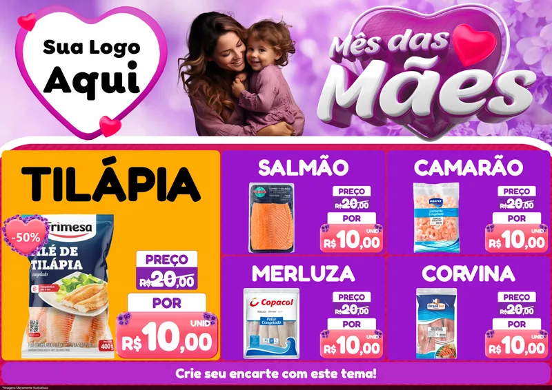 Modelo de Encarte para Encarte A4 Horizontal com o tema Mês das Mães para Peixaria