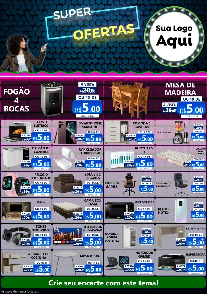 Modelo de Encarte para Encarte A4 Vertical com o tema Super Ofertas para Móveis e Eletro