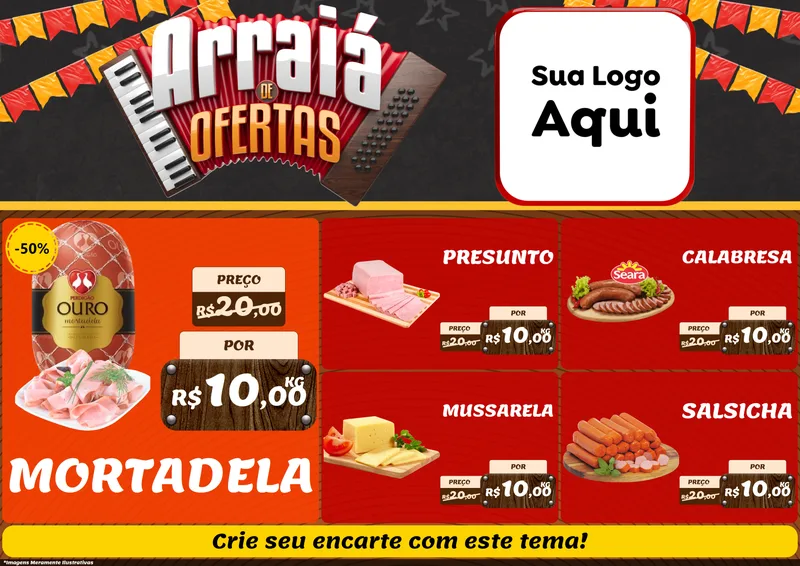 Modelo de Encarte para Encarte A4 Horizontal com o tema Arraiá de Ofertas - Junina para Frios e Laticínios