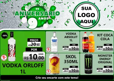 Modelo de Encarte para Encarte A4 Horizontal com o tema Promoção de Aniversário - 9 Anos para Distribuidora de bebidas