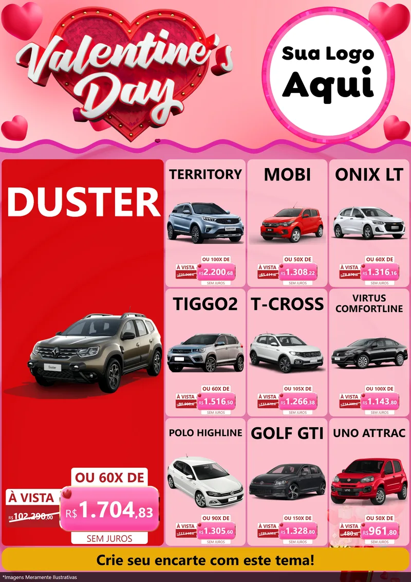 Modelo de Encarte para Encarte A4 Vertical com o tema Valentine's Day para Concessionaria de Carros