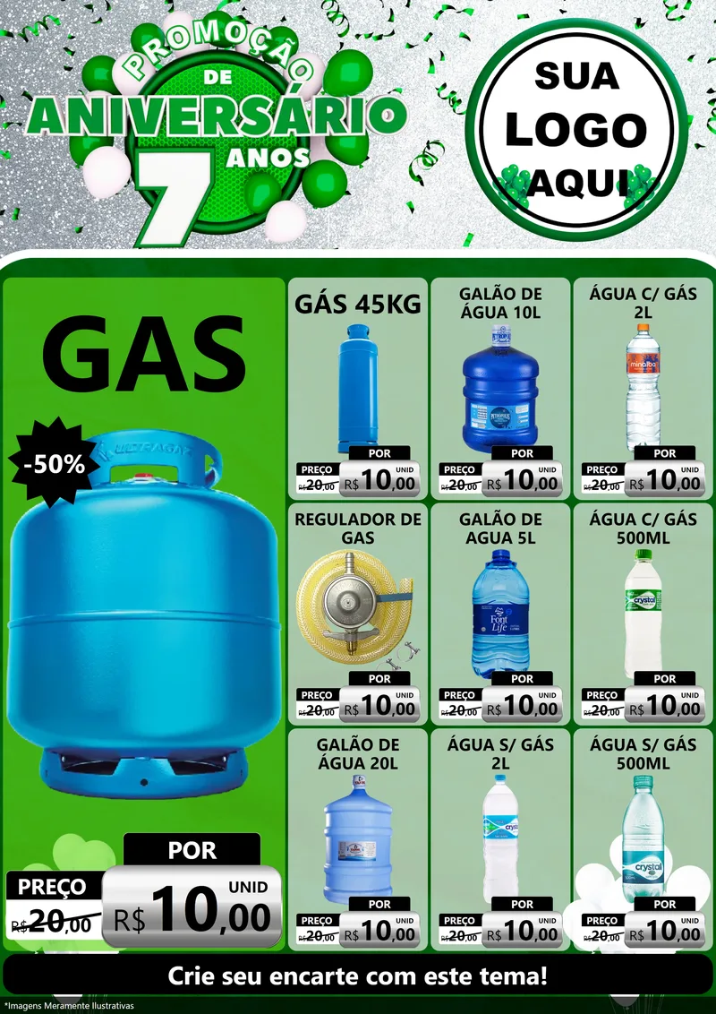 Modelo de Encarte para Encarte A4 Vertical com o tema Promoção de Aniversário - 7 Anos para Água e gás