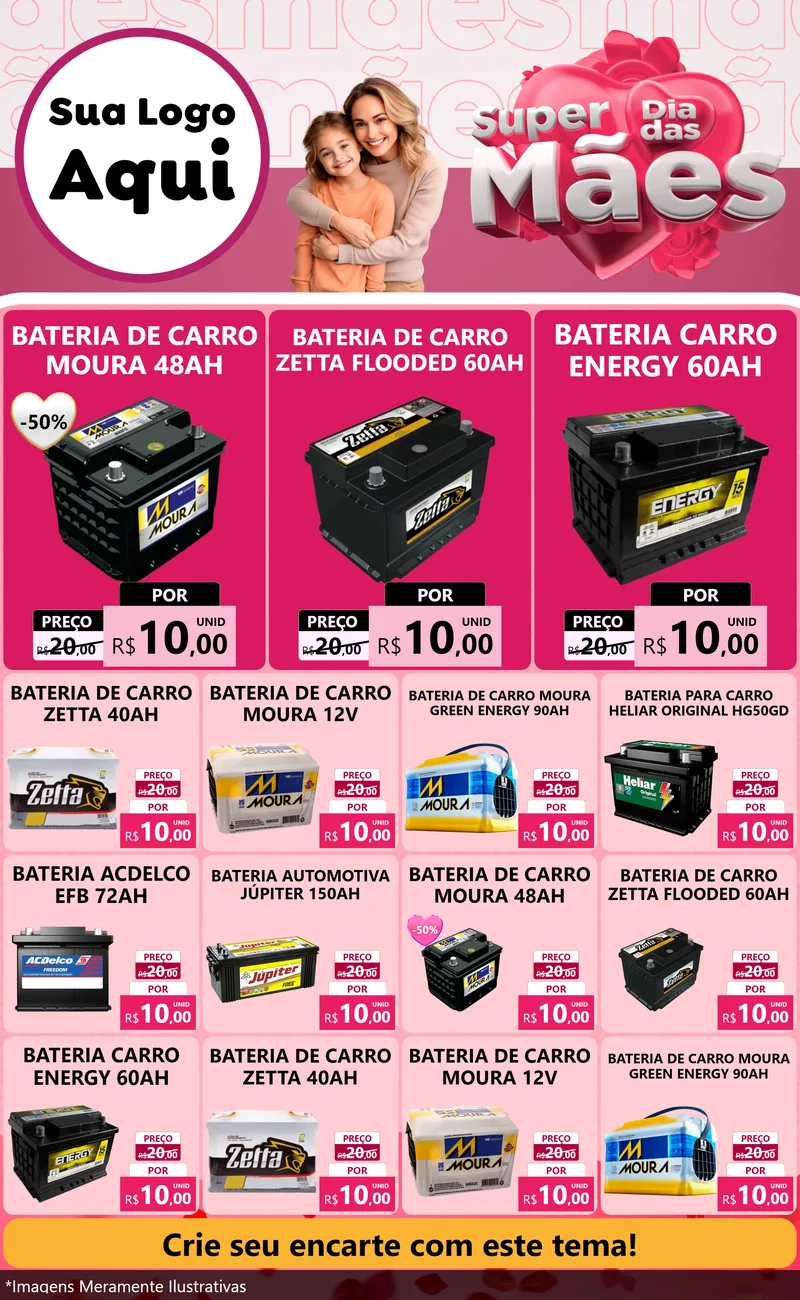 Modelo de Encarte para Encarte Grande com o tema Super Dia Das Mães para Baterias Elétricas