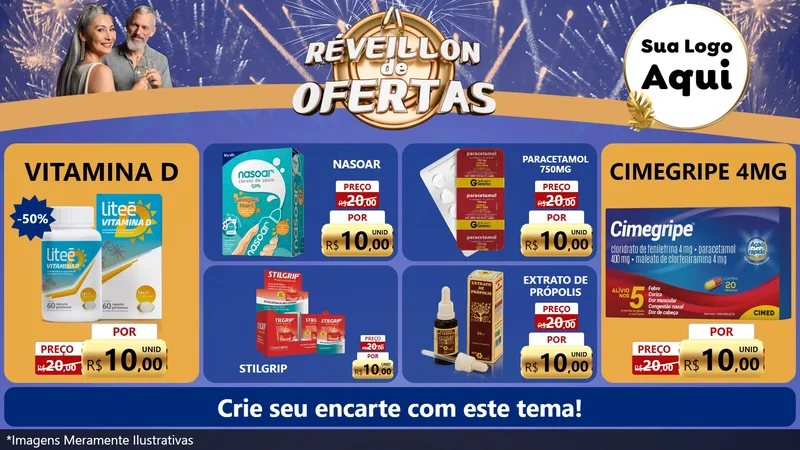 Modelo de TV para TV Horizontal com o tema Réveillon de Ofertas para Farmácia