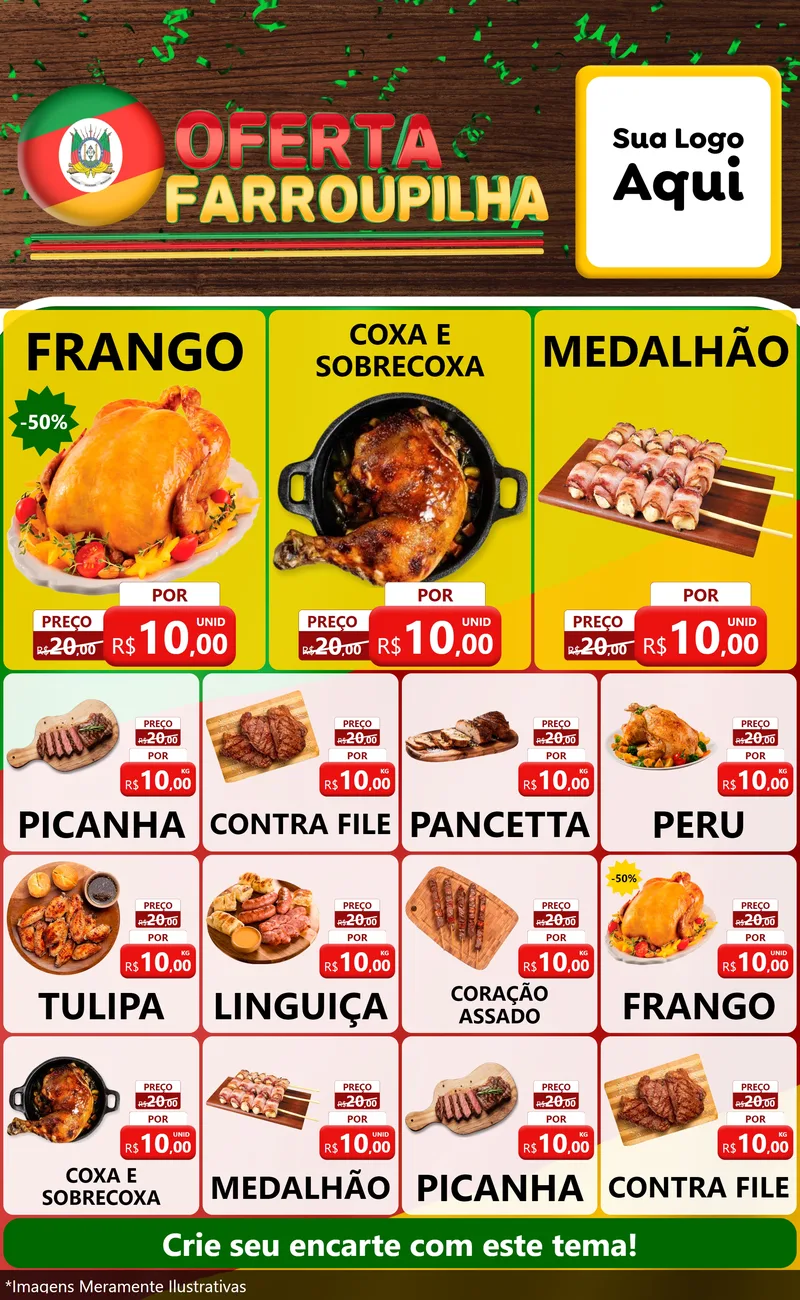 Modelo de Encarte para Encarte Grande com o tema Oferta Farroupilha para Assados