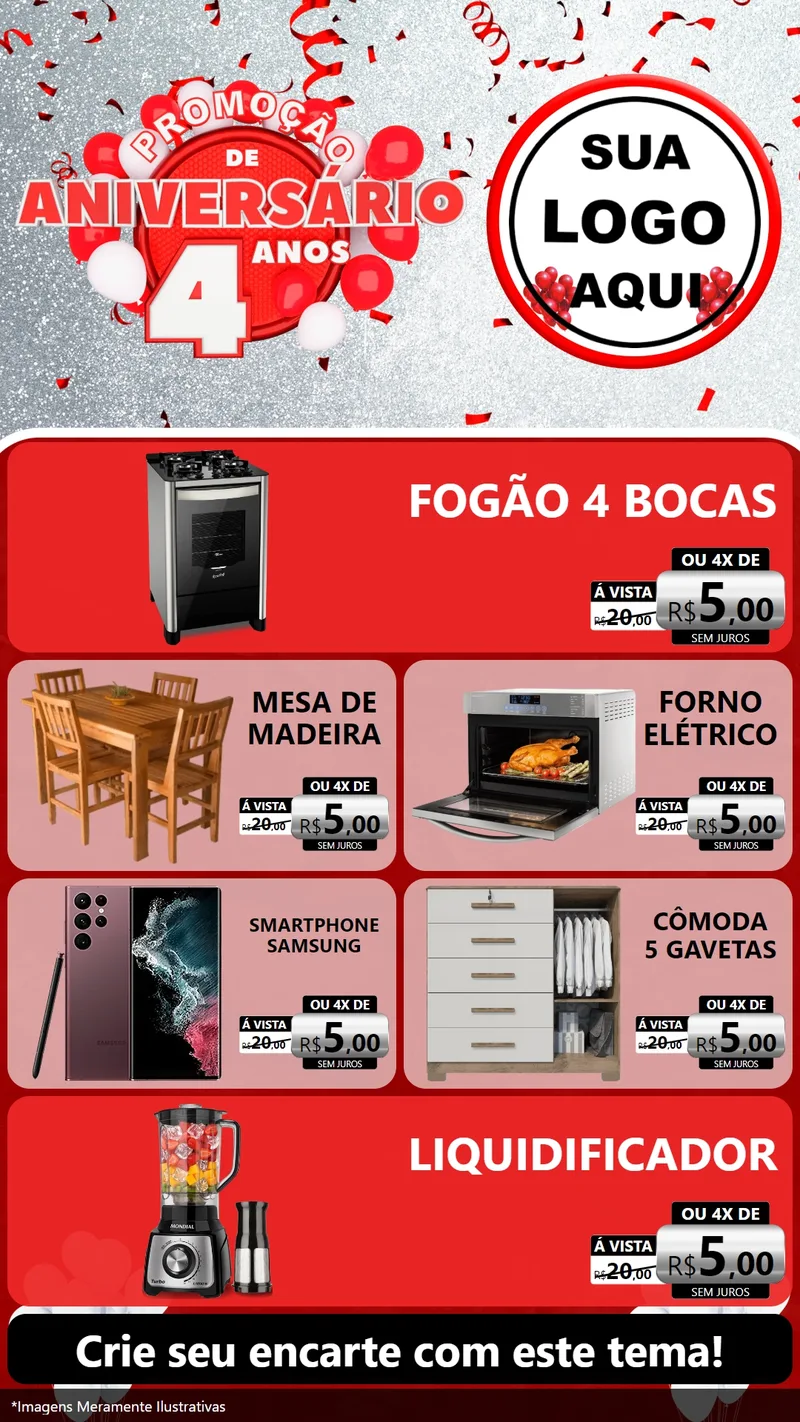 Modelo de TV para TV Vertical com o tema Promoção de Aniversário - 4 Anos para Móveis e Eletro