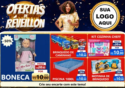 Modelo de Encarte para Encarte A4 Horizontal com o tema Ofertas de Réveillon para Brinquedos