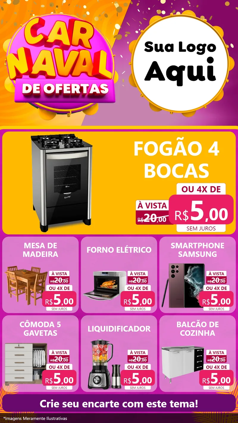 Modelo de Rede Social para Stories com o tema Carnaval de Ofertas para Móveis e Eletro