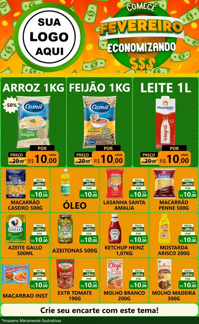 Modelo de Encarte para Encarte Grande com o tema Comece Fevereiro Economizando para Supermercado