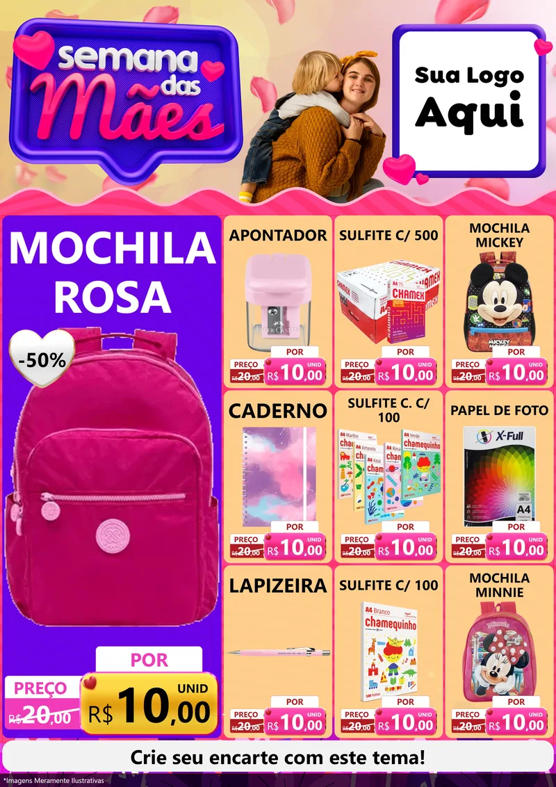 Modelo de Encarte para Encarte A4 Vertical com o tema Semana das Mães para Papelaria