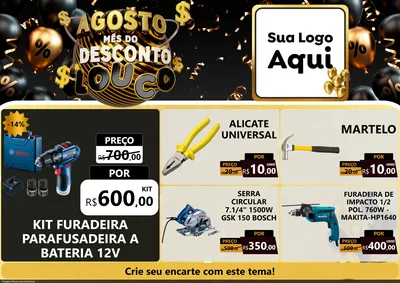 Modelo de Encarte para Encarte A4 Horizontal com o tema Agosto Mês do Desconto Louco para Maquinas e Ferramentas
