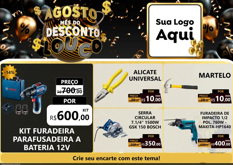 Modelo de Encarte para Encarte A4 Horizontal com o tema Agosto Mês do Desconto Louco para Maquinas e Ferramentas