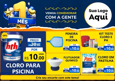Modelo de Encarte para Encarte A4 Horizontal com o tema Um Mês de Aniversário para Produtos para Piscina